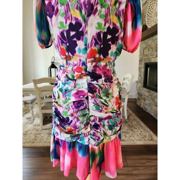 ONE33 SOCIAL - RUCHED FLORAL-PRINT CREPE DE CHINE‎ MINI DRESS - PINK - US 12 - Picture 8 of 10